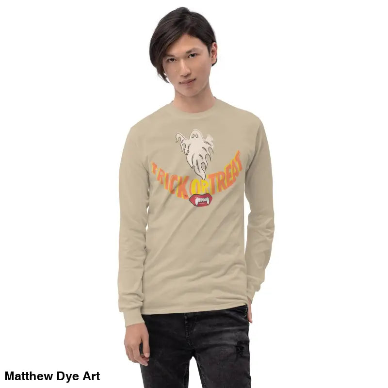 Long-sleeved Halloween shirt featuring Ghostly Grin for spooktacular comfort unisex wear