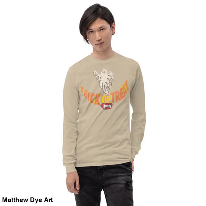 Long-sleeved Halloween shirt featuring Ghostly Grin for spooktacular comfort unisex wear