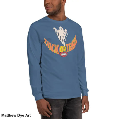 Unisex Long-Sleeved Halloween Shirt offering spooktacular comfort with Ghostly Grin design