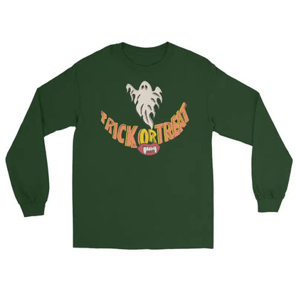 Green long-sleeved Ghostly Grin tee offers spooktacular comfort for Halloween fun
