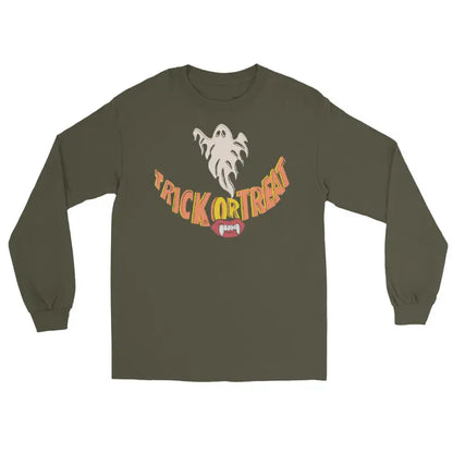 Olive green long-sleeved Ghostly Grin tee offers spooktacular comfort for Halloween