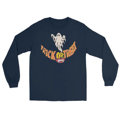 Navy blue long-sleeved Halloween shirt offering spooktacular comfort for all
