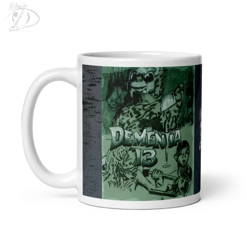 White ceramic glossy mug with dark green horror art featuring Dementia 13 for the ghoulishly chic