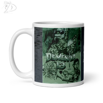 White ceramic glossy mug with dark green horror art featuring Dementia 13 for the ghoulishly chic