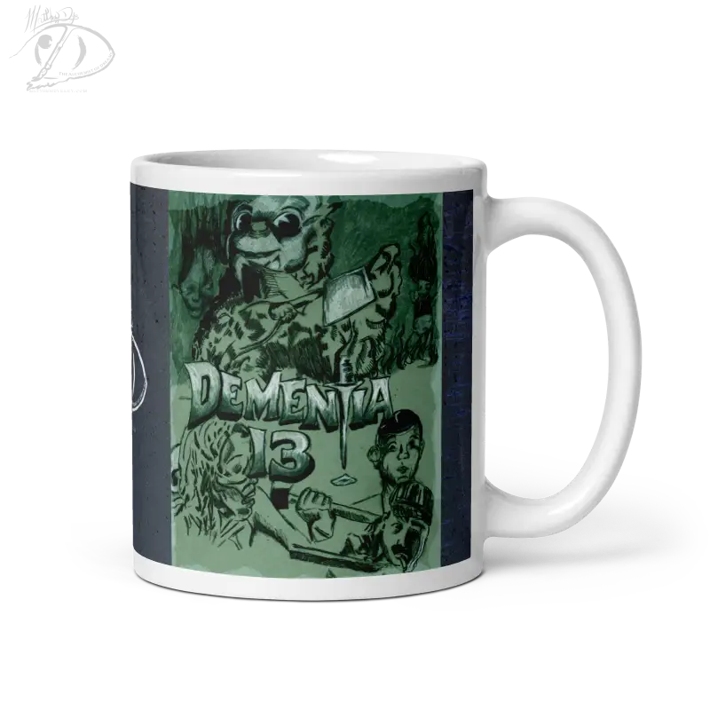 White ceramic glossy mug featuring green artwork and Dementia text for ghoulishly chic decor