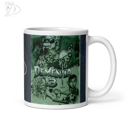 White ceramic glossy mug featuring green artwork and Dementia text for ghoulishly chic decor