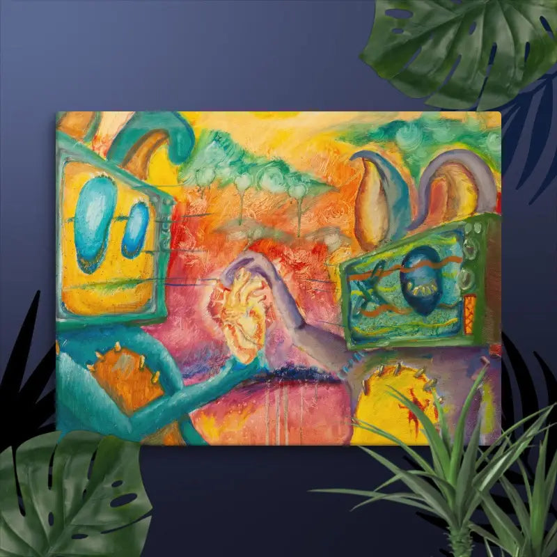 Vibrant abstract painting with swirling shapes in turquoise, yellow, orange, and pink for heart canvas print