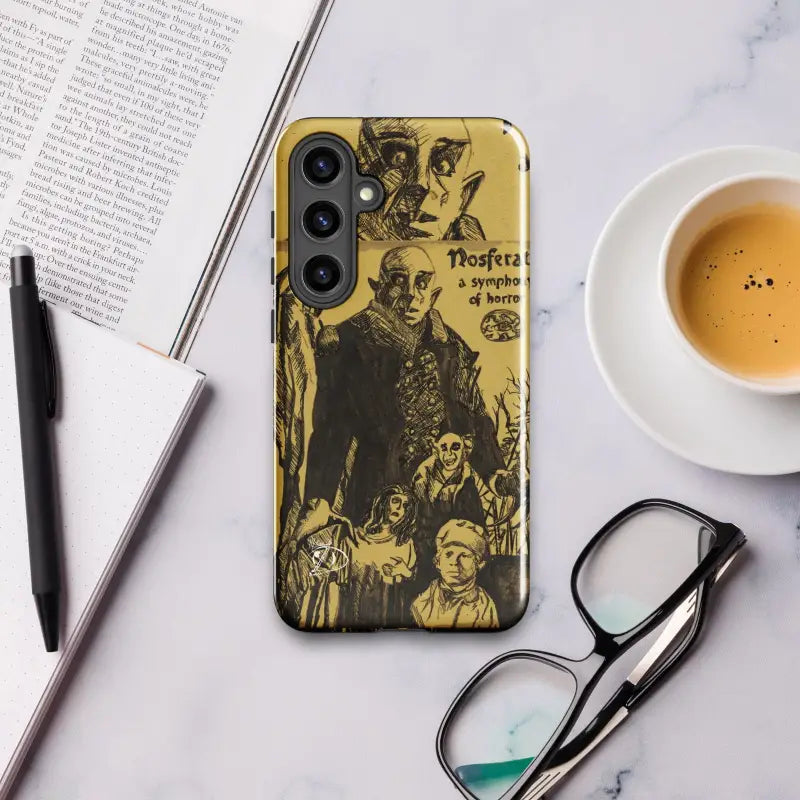 Phone case featuring vintage-style Nosferatu illustrations in gold and black tones