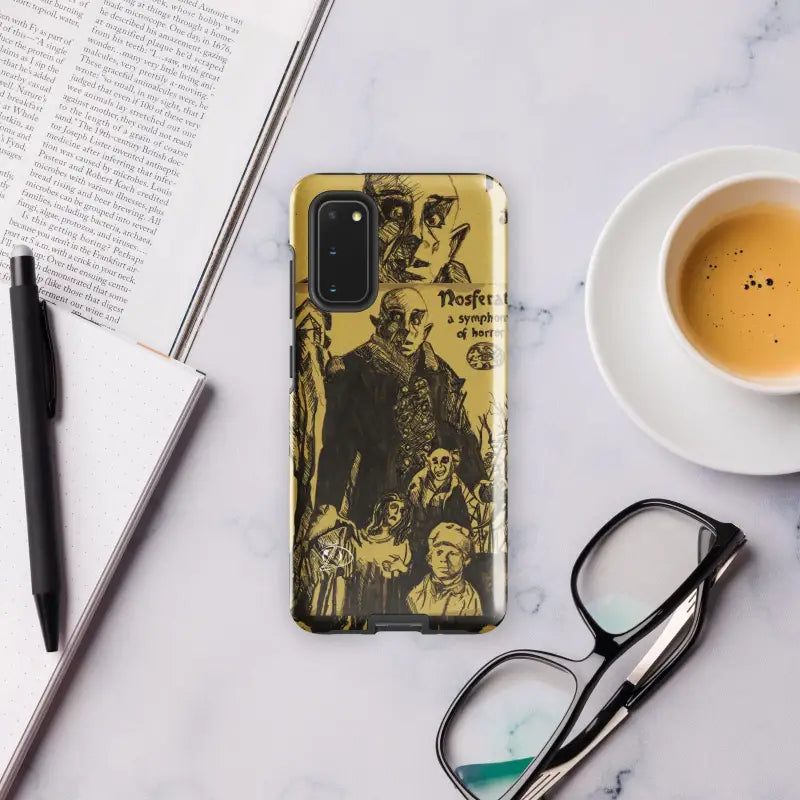 Gold Samsung Galaxy Case with Vintage Nosferatu Illustrations and horror movie artwork