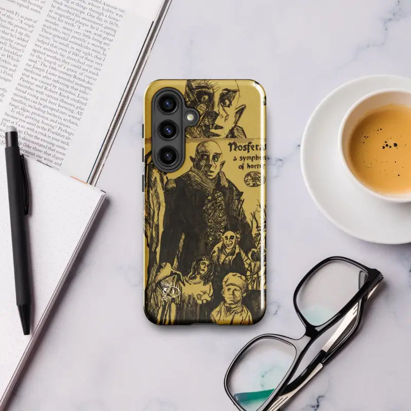 Yellow Samsung Galaxy case featuring dark Nosferatu illustrations in a fantasy horror design