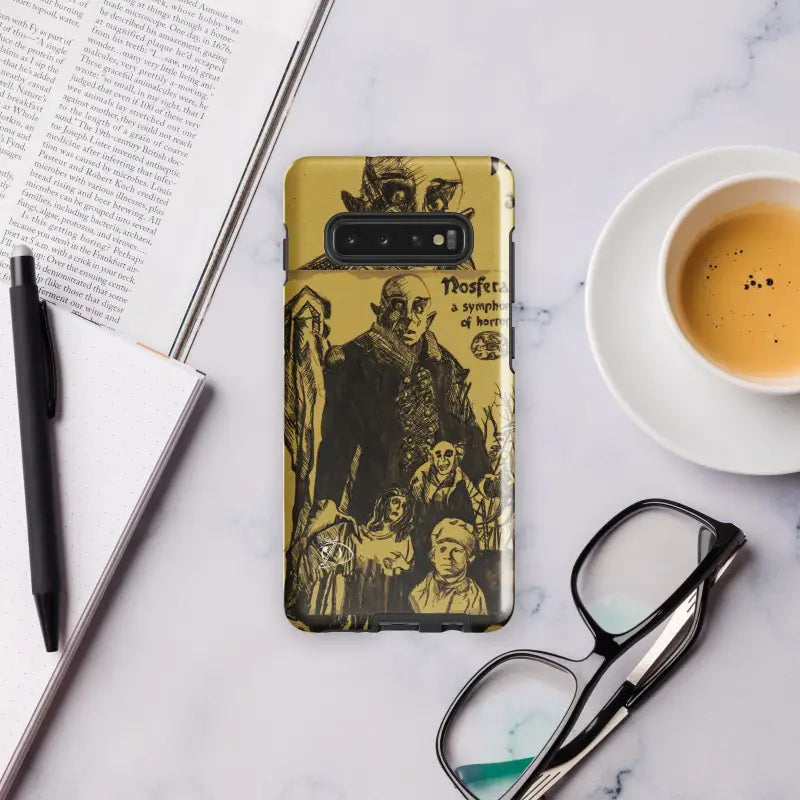 Gold Samsung Galaxy Case showcasing vintage Nosferatu horror movie artwork in yellow and black