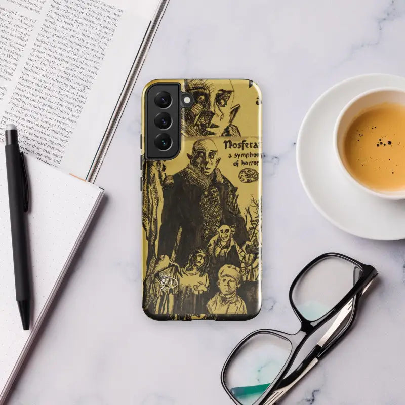 Samsung Galaxy phone adorned with a Nosferatu vintage-style illustration case in yellow and black