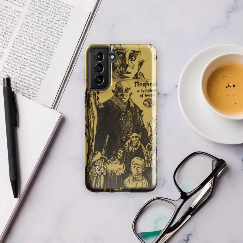 Samsung Galaxy phone showcasing Nosferatu artistic sketch design on a gold case