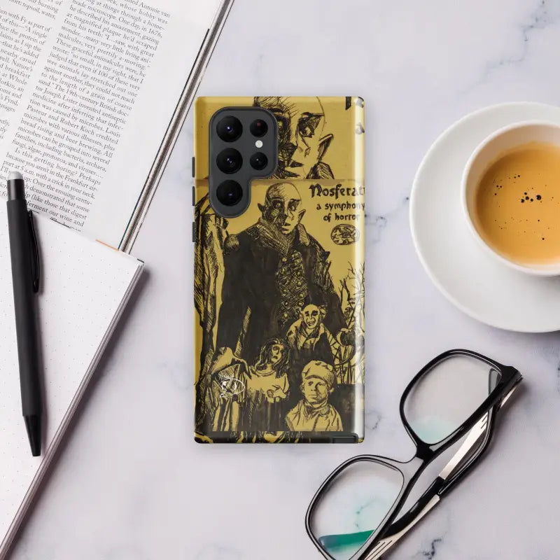 Yellow Samsung Galaxy case featuring vintage Nosferatu illustrations and artistic sketches