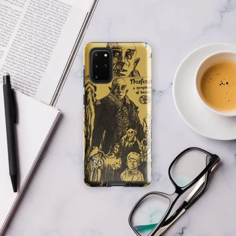 Gold Samsung Galaxy Case featuring artistic Nosferatu sketches on a yellow background