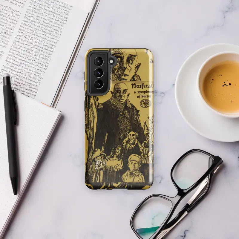 Vintage Nosferatu artwork adorns a Gold Samsung Galaxy Case in yellow and black tones