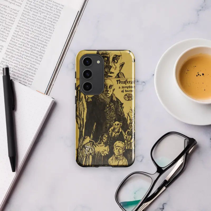 Artistic yellow and black fantasy-style Samsung Galaxy case featuring Nosferatu illustrations