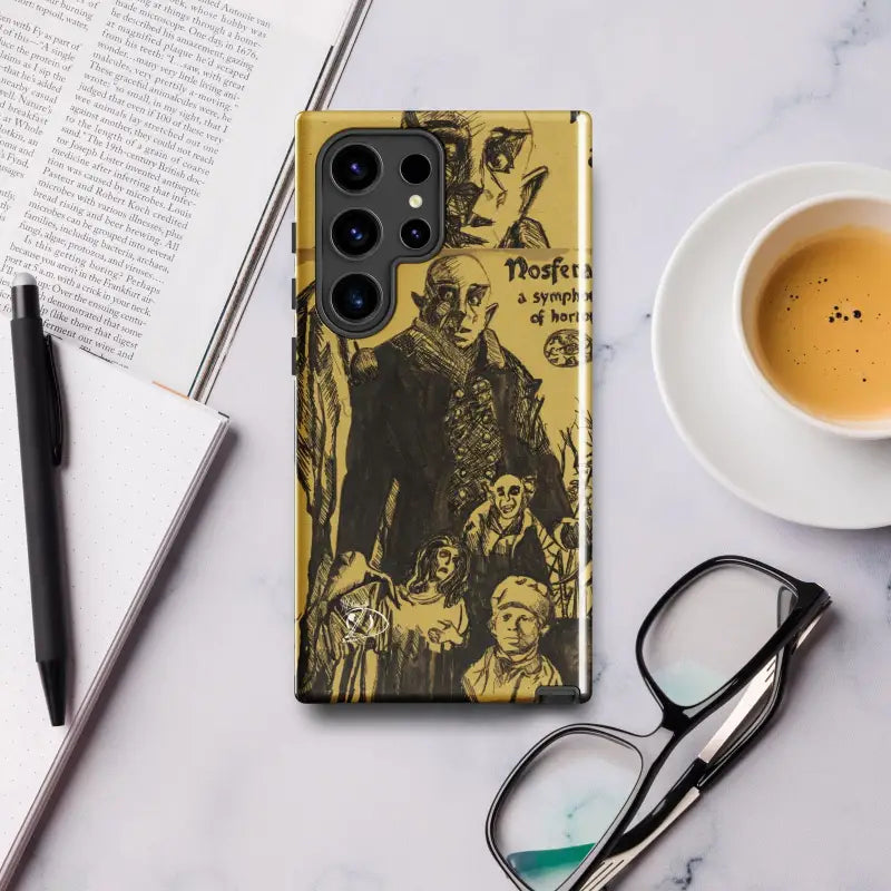 Gold Samsung Galaxy phone case featuring vintage Nosferatu character illustrations