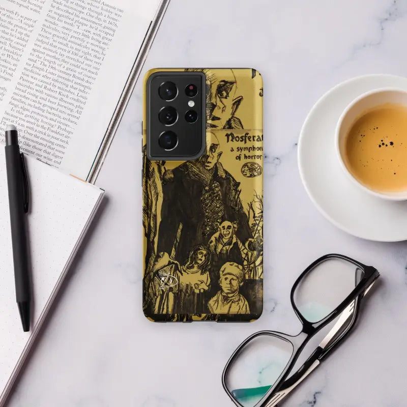 Vintage Nosferatu Tough Phone Case featuring historical figures in yellow and black tones