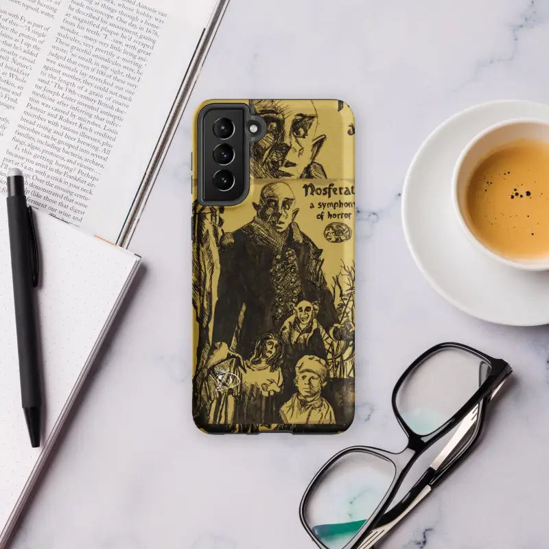 Samsung Galaxy Case showcasing vintage Nosferatu illustrations in yellow and black tones