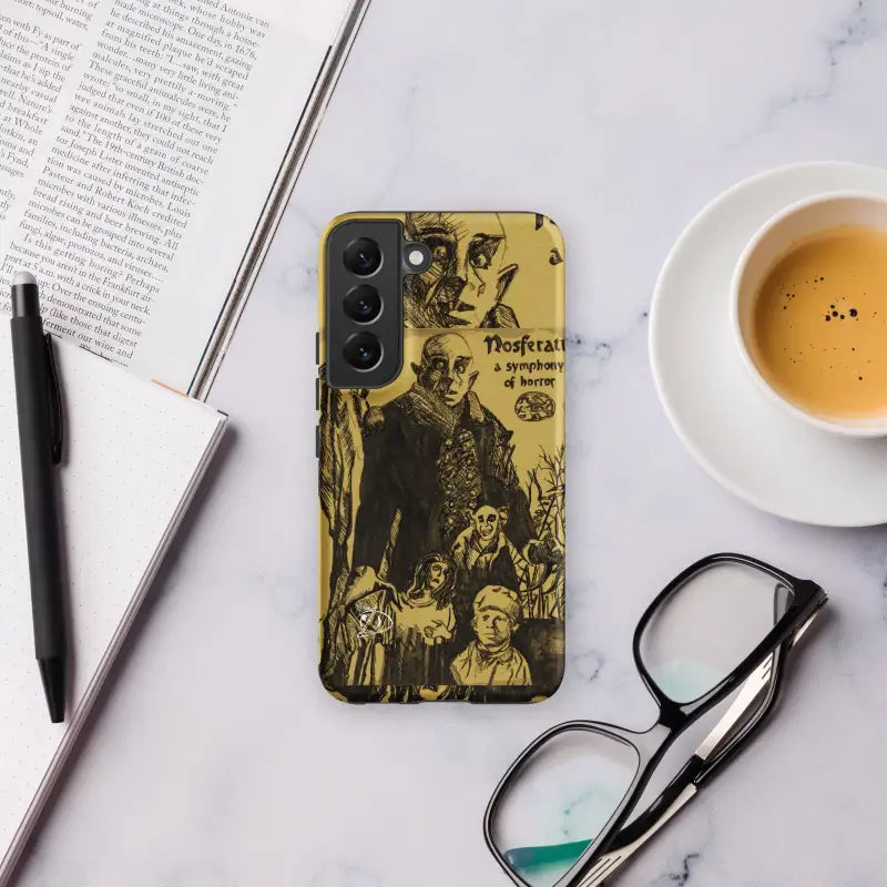 Yellow Samsung Galaxy case with Gothic Nosferatu artwork featuring dark figures