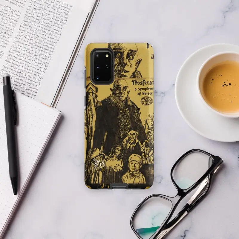 Yellow Samsung Galaxy case featuring vintage Nosferatu illustrations and artistic sketches