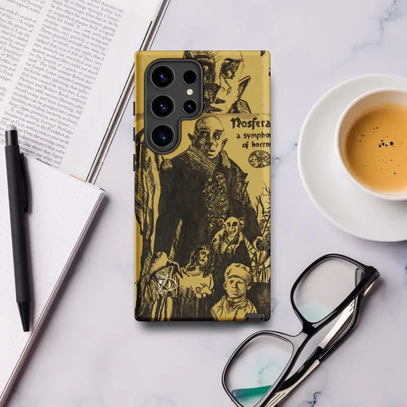 Yellow Samsung Galaxy Case adorned with dark Vintage Nosferatu illustrations