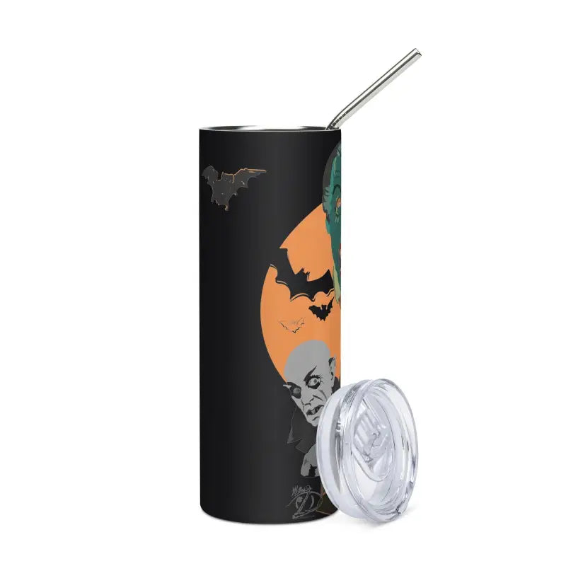 Black stainless steel tumbler with Halloween bats and orange moon design for celebrations