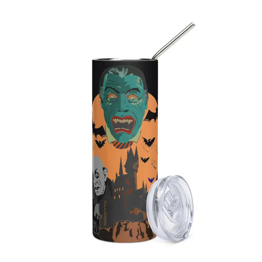 Halloween-themed stainless steel tumbler featuring spooky monster faces and a haunted castle