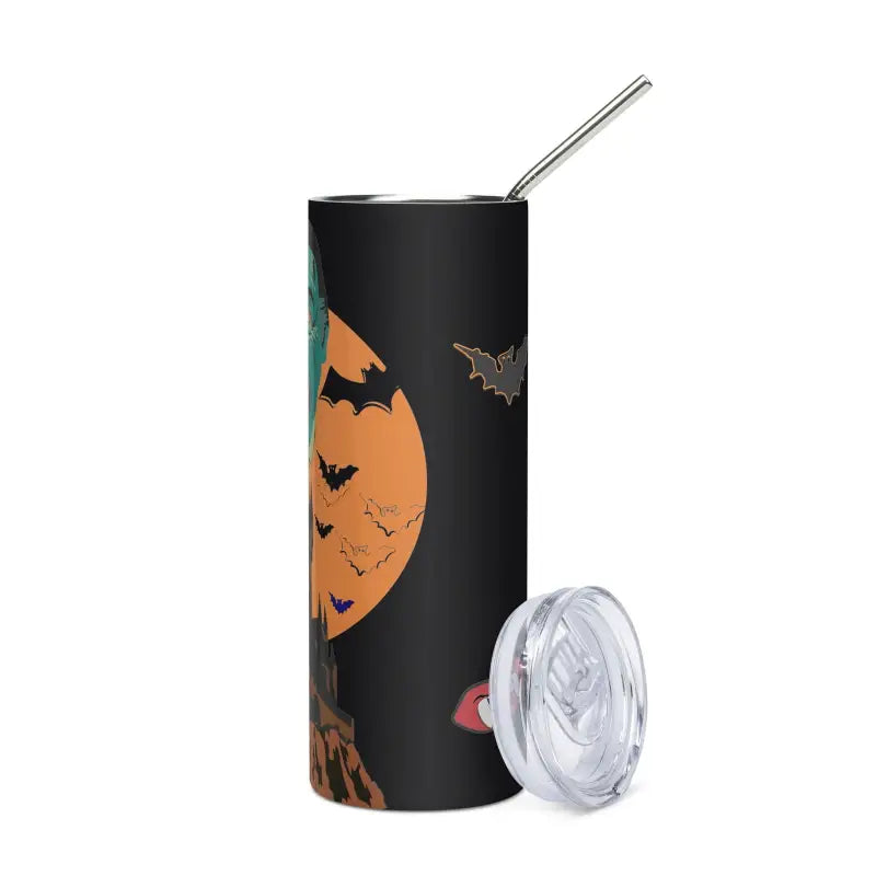 Halloween-themed stainless steel tumbler featuring black design with orange moon and bats