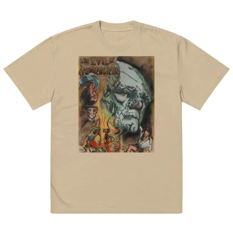 Beige unisex t-shirt featuring gothic flames and dark abstract faces in haunting allure design