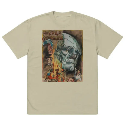 Beige unisex Evil of Frankenstein Vintage T-Shirt featuring gothic flames and legendary skull