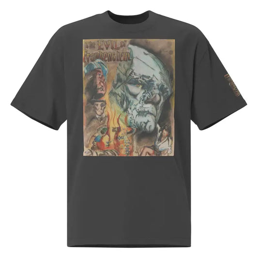 Dark gray unisex t-shirt featuring gothic flames and faces in a haunting allure design