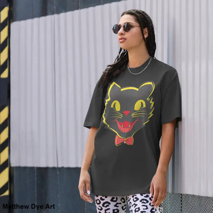 Black oversized faded t-shirt featuring a vintage cat graphic for Halloween celebration