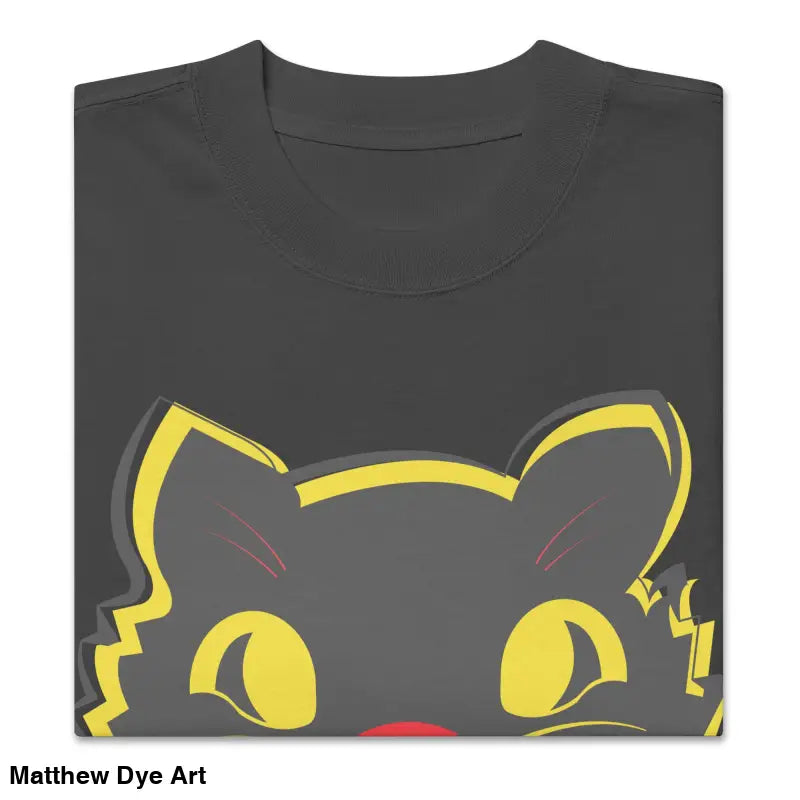 Folded gray oversized faded t-shirt featuring a black cat graphic for Halloween