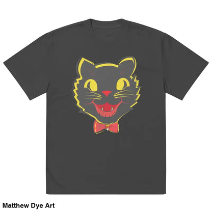 Gray oversized faded t-shirt featuring a black cat graphic for vintage Halloween style