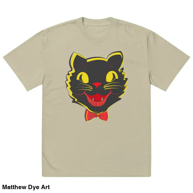 Khaki Grinning Ghoul oversized faded t-shirt featuring a black cat graphic
