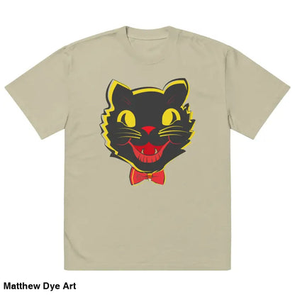 Khaki Grinning Ghoul oversized faded t-shirt featuring a black cat graphic
