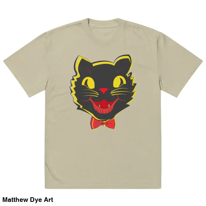 Khaki Grinning Ghoul oversized faded t-shirt featuring a black cat graphic
