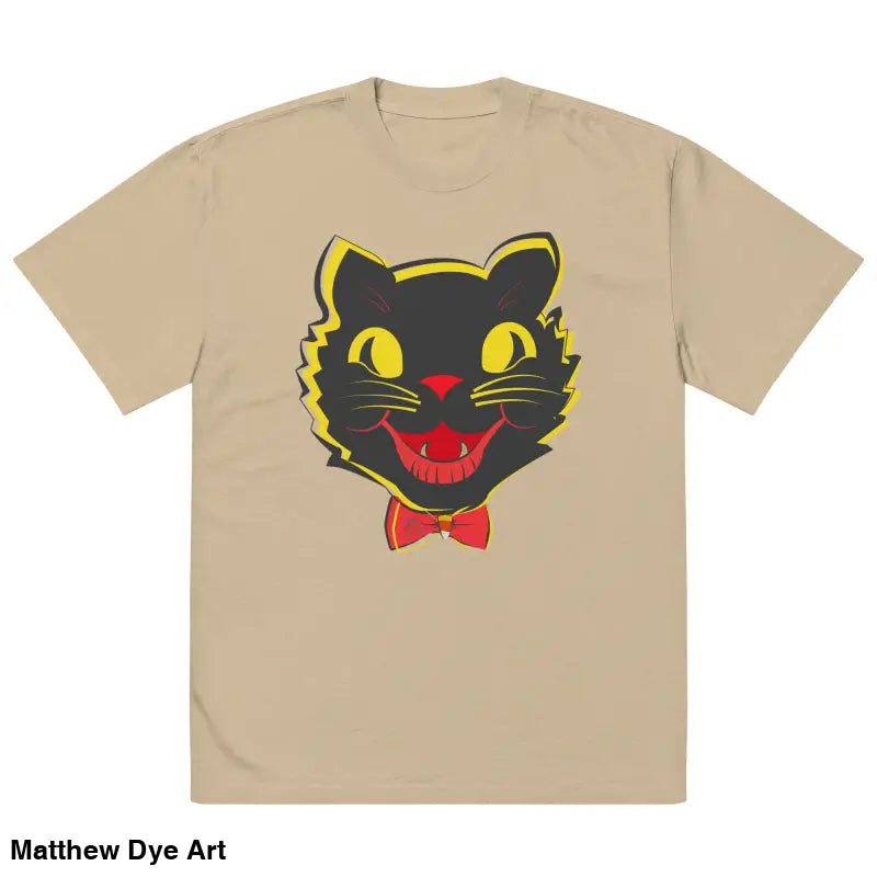 Tan oversized faded t-shirt featuring a black cat graphic, perfect for vintage cat lovers