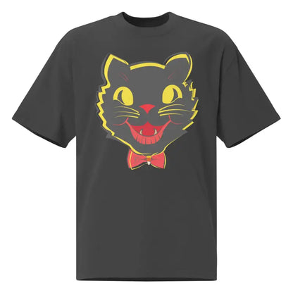 Gray oversized faded t-shirt featuring a black cat graphic for vintage Halloween style