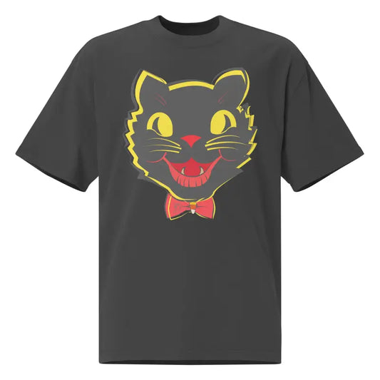 Gray oversized faded t-shirt featuring a black cat graphic for vintage Halloween style