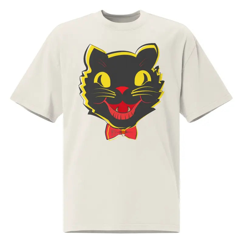 White oversized faded t-shirt featuring a black cat graphic from Grinning Ghoul