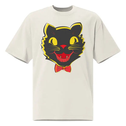 White oversized faded t-shirt featuring a black cat graphic from Grinning Ghoul