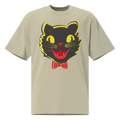 Khaki oversized faded t-shirt featuring a black cat graphic for vintage Halloween style