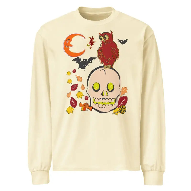 Cream-colored sweatshirt with Halloween owl and skull artwork, featuring bats and autumn leaves