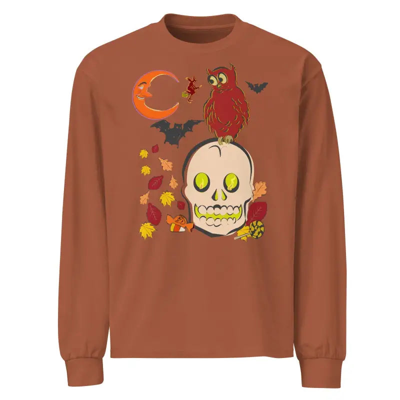 Brown sweatshirt with Halloween skull, owl, bats, and autumn leaves design