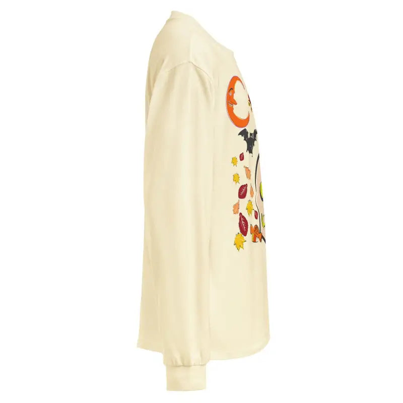 Cream-colored long-sleeve shirt with floral design perfect for Halloween featuring owls and skulls