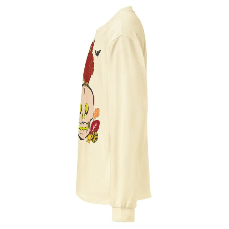 Cream-colored long-sleeve shirt featuring owl and skull design for Halloween