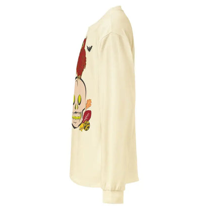 Cream-colored long-sleeve shirt featuring decorative skull and owl design for Halloween